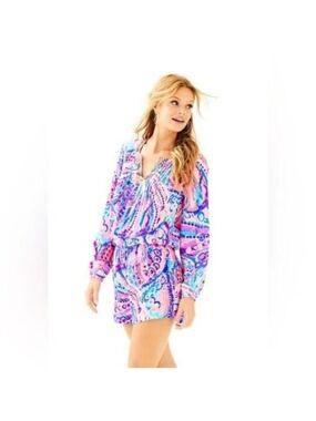 Lilly Pulitzer Colony Coral Shell Out Colby Pink Blue Print Romper XS